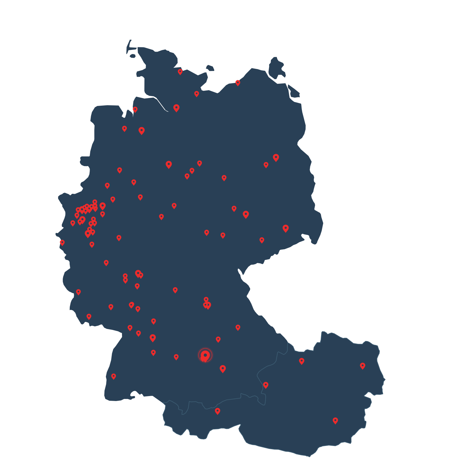 Karte von Deutschland und Österreich mit markierten Projektstandorten von BACC
